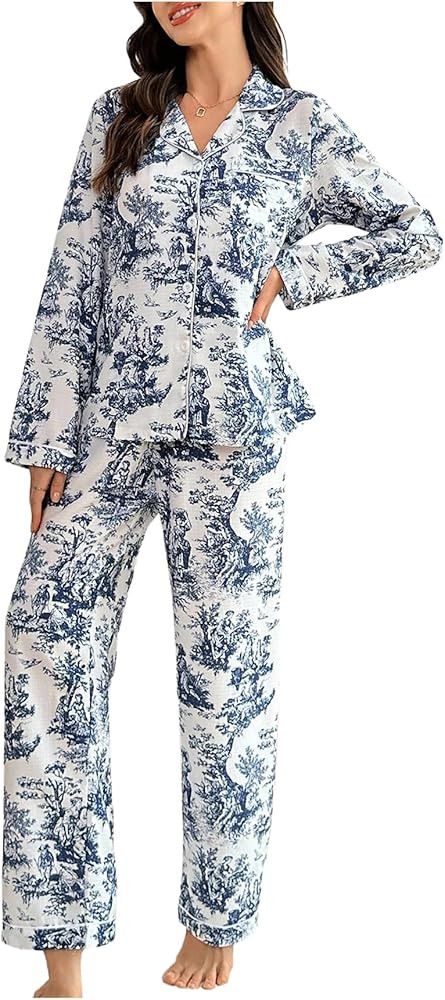 WDIRARA Women's 2 Piece Graphic Pajama Set Button Down Sleepwear Long Sleeve Shirt and Pants Pjs | Amazon (US)
