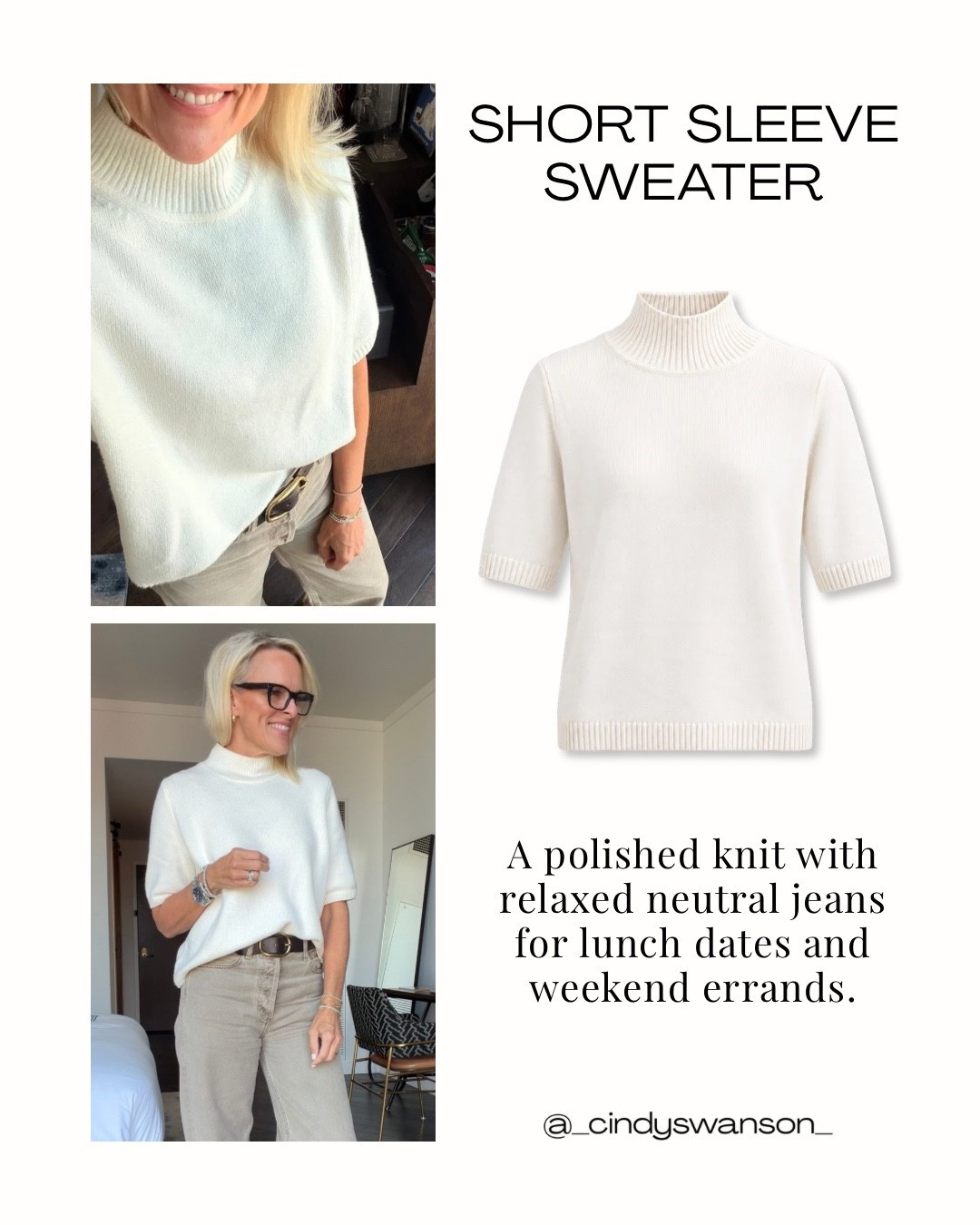A short-sleeve ivory sweater is such a lovely alternative to a traditional long-sleeve knit. I love the ribbed mock neck and sleeves for a polished look, especially paired with neutral jeans for lunch dates, weekend errands, or an easy everyday outfit. A timeless piece that works beautifully through the changing seasons.