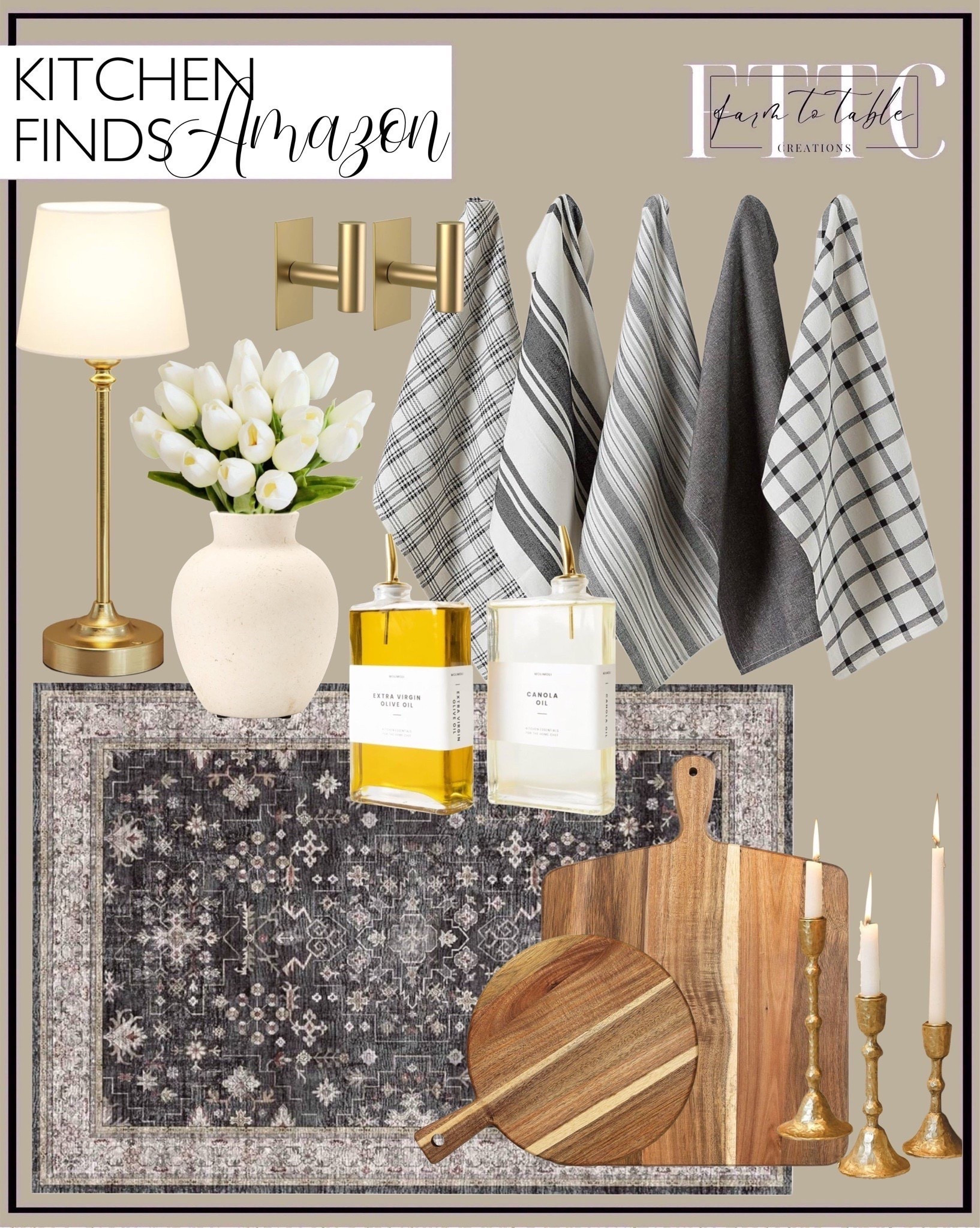 Amazon Kitchen Finds. Follow @farmtotablecreations on Instagram for more inspiration.

Oil Dispensers. Wood. Cutting boards. Kitchen Hand Towels. Washable Rug. Gold candlesticks. Towel hooks. Cordless table lamp. White tulips. Ceramic Vase. 

Counter Decor | Presidents’ Day Sale | Living Room | Dining Room | Dining Room Artwork | Bathroom Finds | Bedroom Finds | Bedroom Furniture | nightstands | Home Decor| Fireplace Decor | Spring Refresh |  Bedroom Finds | Neutral Stems | Spring Stems | Bookshelf Decor | Bedroom Space | Cozy Corner | Bathroom | Curated Entryway | Spring  Decor | End of Year Clearance | Trending Decor | Viral Decor  | Coffee Table Decor | Neutral Decor | Fall Stem Sale | Target Finds | Skinny Bench | Bedroom | Living Room | Breakfast Nook | Amazon Home | Target Sale | Loloi Rugs | Magnolia Home | console table | console table styling | faux stems | entryway space | front porch decor | neutral decor | entryway decor | cozy home | affordable decor |  home decor | home inspiration | console styling | entryway rug | cozy moody home | moody home decor | neutral home | bathroom decor | living room | spring decor | Hearth & Hand | Studio McGee | 2025 Home Trends | trending home | 



#LTKFindsUnder50 #LTKHome #LTKSaleAlert