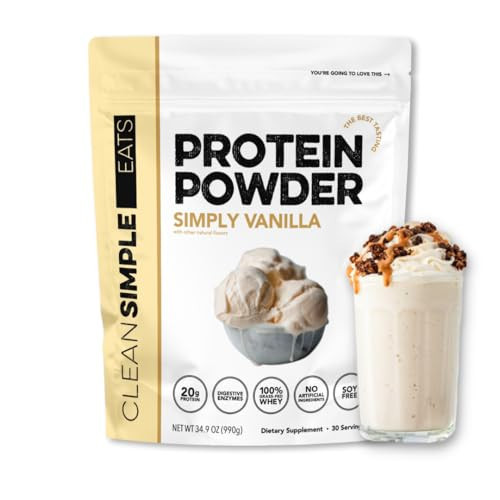Clean Simple Eats Whey Protein Powder, Simply Vanilla Flavor Naturally Sweetened, 100% Grass Fed Protein Powder with Digestive Enzymes & No Artificial Ingredients, Gluten Free, 30 Servings | Amazon (US)