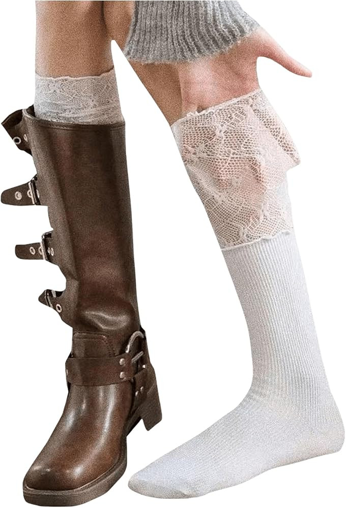 COZYEASE Women's 1 Pair Lace Patchwork Knee High Socks Cute Y2k Boots Socks Stockings | Amazon (US)