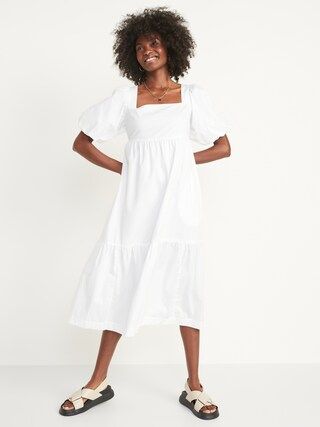 Fit & Flare Puff-Sleeve Cotton-Poplin Smocked All-Day Midi Dress for Women | Old Navy (US)