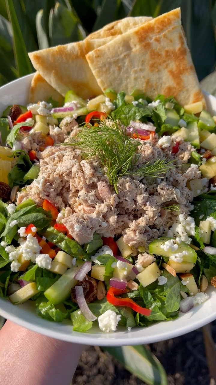 GREEK TUNA SALAD. Made this for lunch the other day. Ate it all. 🤤

TO MAKE: add chopped romaine, tuna salad (tuna, mayo, diced purple onions, diced pickles, freshly chopped dill, lemon juice, sea salt flakes and cracked pepper), golden raisins, yellow apples, red sweet peppers, purple onions, mini cucumbers, feta and lemons to a large bowl. Use lemons as the dressing or try a Greek dressing. Serve with warm pita slices. 

#LTKunder50 #LTKSeasonal #LTKfamily