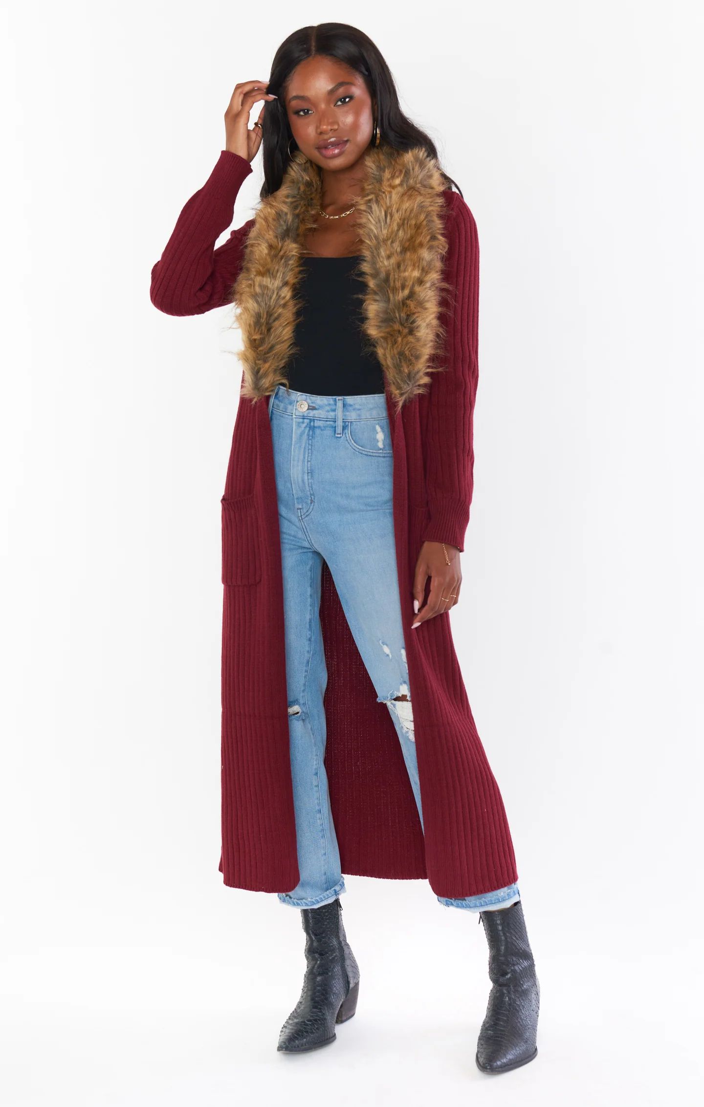 Lombardi Long Cardi ~ Wine Knit with Faux Fur | Show Me Your Mumu