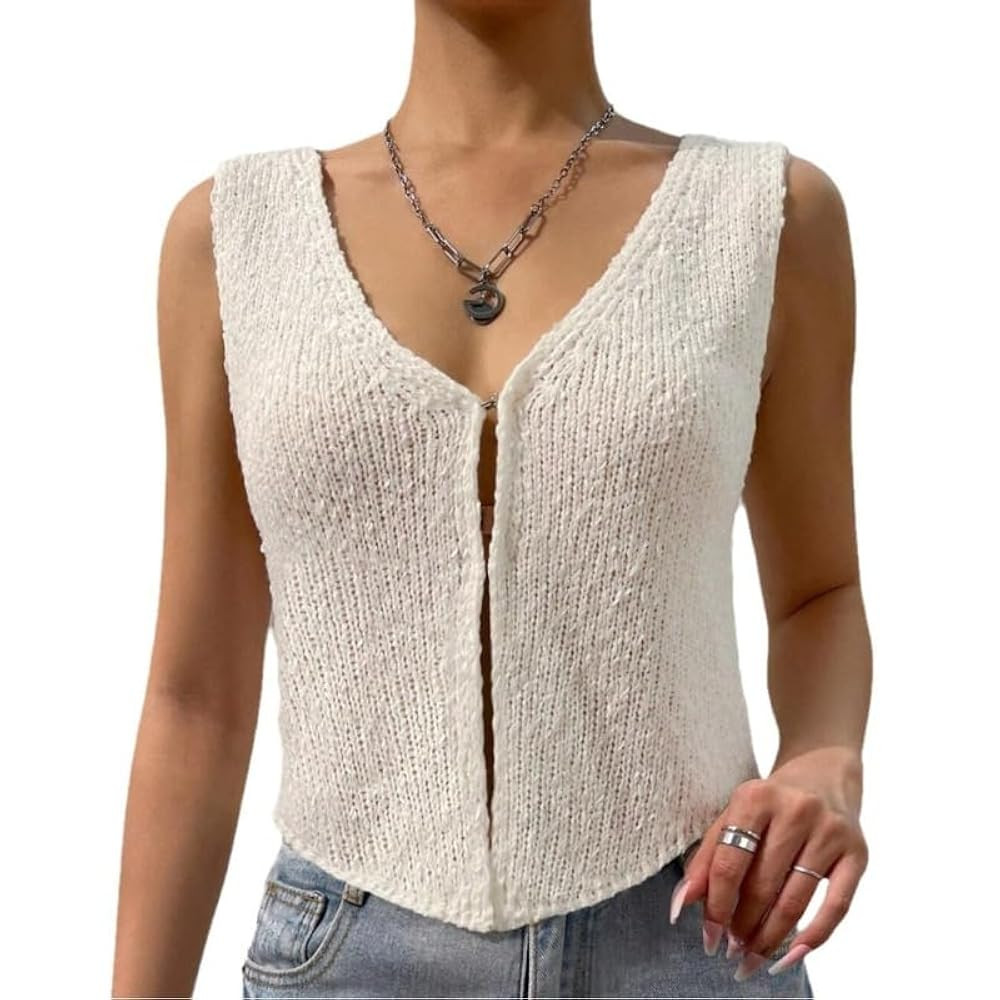 Sweater Tank Tops for Women - Sweater Vest V Neck Crochet Vest Knit Vest Sexy Button Casual Y2k S... | Amazon (US)