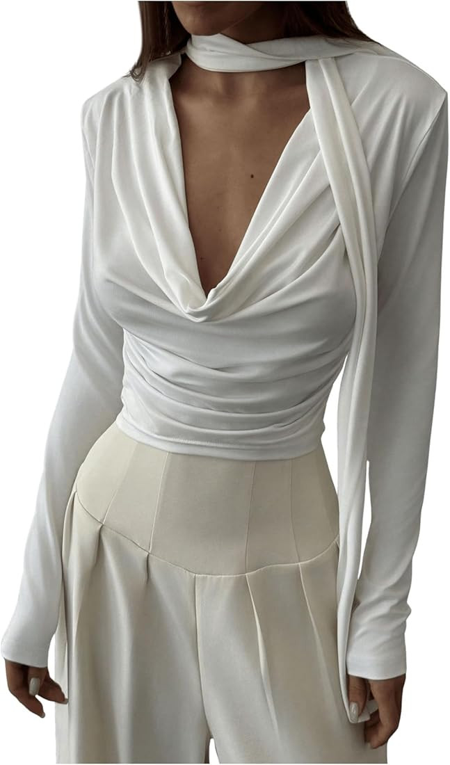 SweatyRocks Women's Draped Cowl Neck Tops Long Sleeve Ruched Dressy Casual Blouse Shirt with Scar... | Amazon (US)