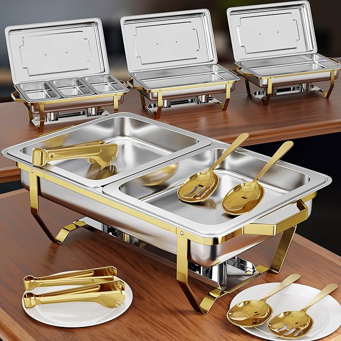 Gold Chafing Dishes for Buffet 4 Pack (7 Pans + Utensils) - 9QT Stainless Steel Chafing Dish Buff... | Amazon (US)