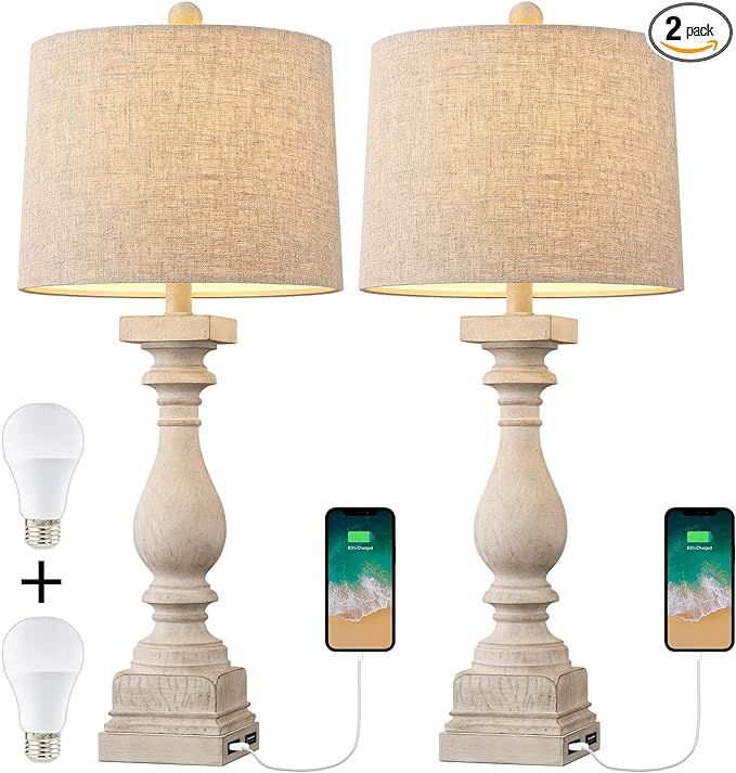 BOBOMOMO 27.75'' USB Table Lamp with 2 Charging Ports Set of 2 Antique Nightstand Lamp for Bedroo... | Amazon (US)
