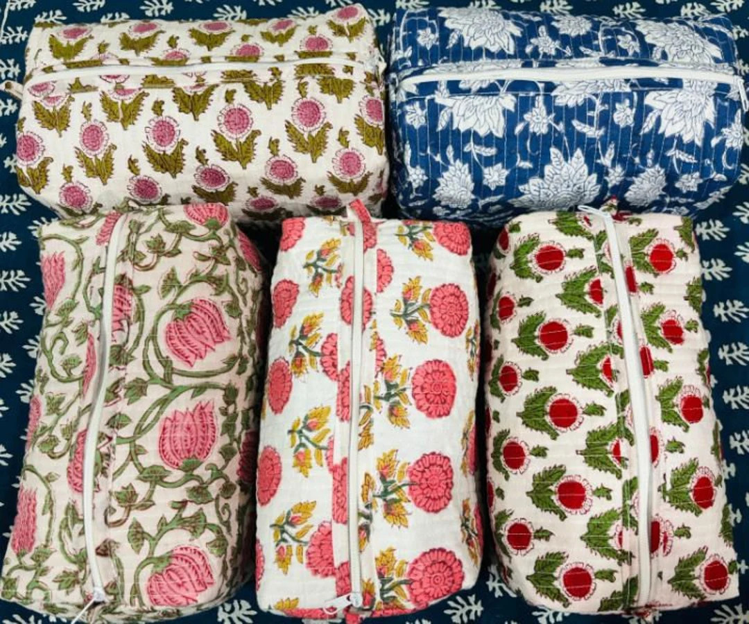 Large Cotton Quilted Block Printed Wash Bag Ideal Gift Handmade Toiletry Bag Cosmetic Bag Block P... | Etsy (US)