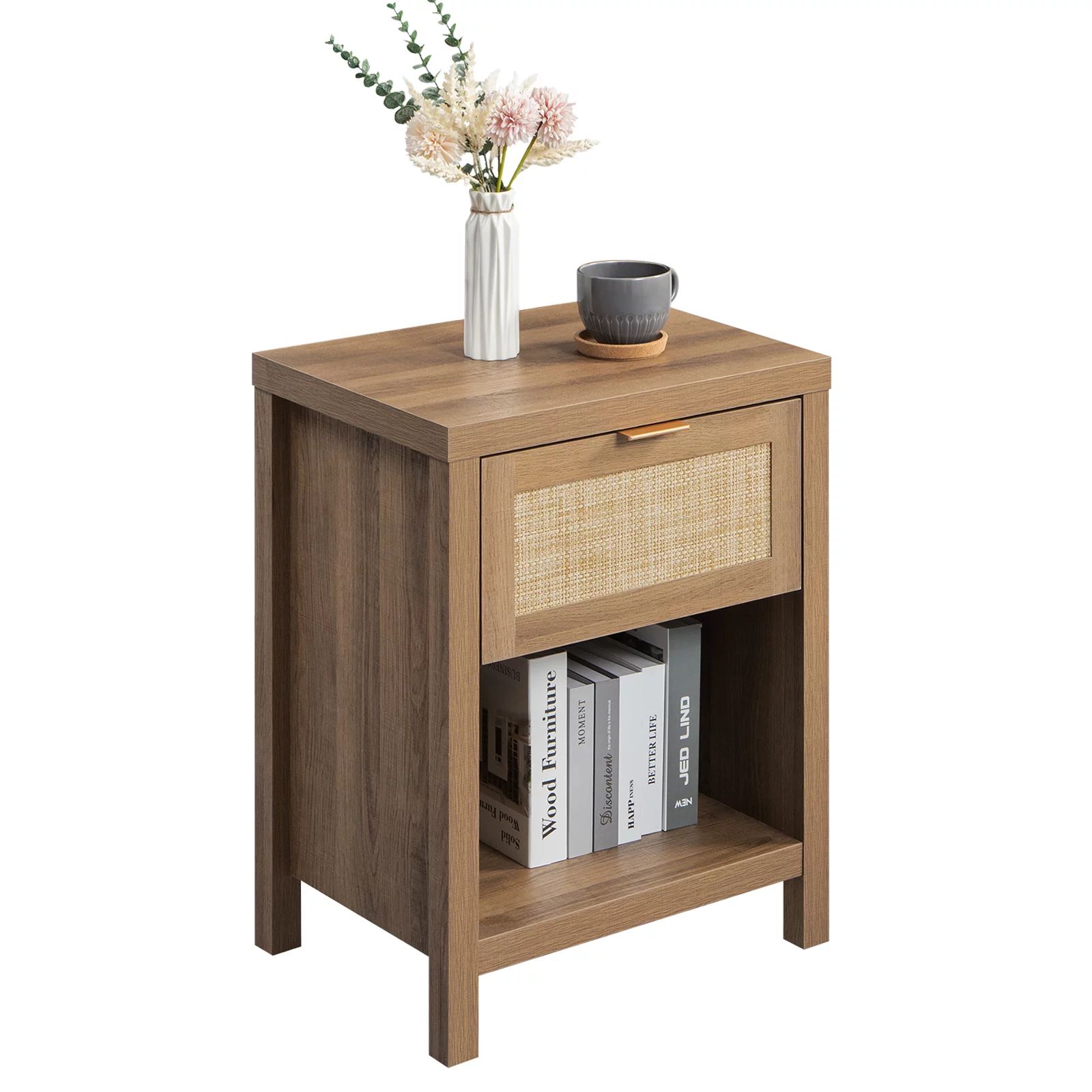 Omni House Farmhouse Rattan Nightstand - Boho Bedside Table with Drawer and Storage Shelf, Side T... | Walmart (US)
