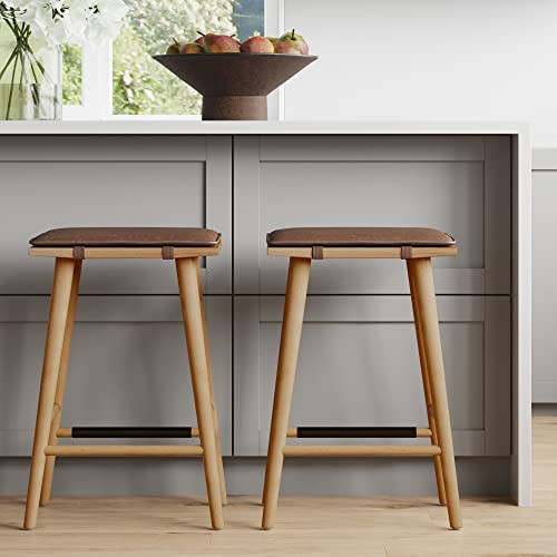 Nathan James Barker Classic Counter Height Wood Barstool with Leather Removable Cushion, Backless Island 24" Bar Stool for Kitchen, Chestnut Brown, Set of 2 | Amazon (US)