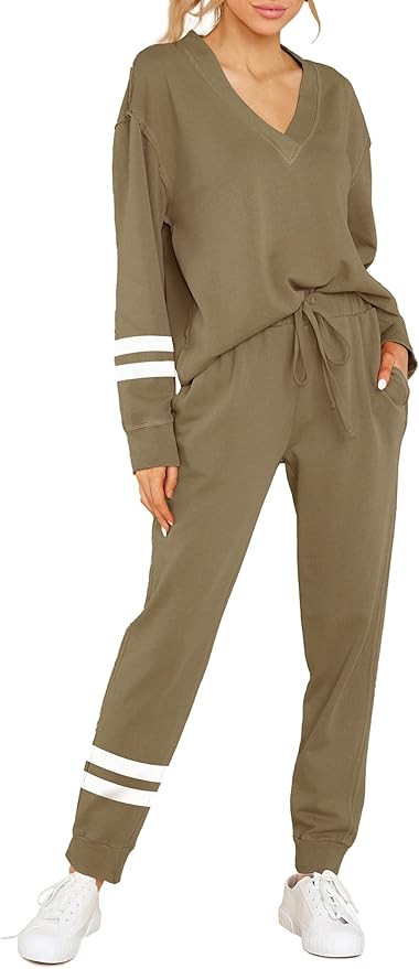 FERNGIRL Women's Two Piece Sweatsuit Sets Striped Outfits Long Sleeve Tie Waist Loungewear Sweatp... | Amazon (US)