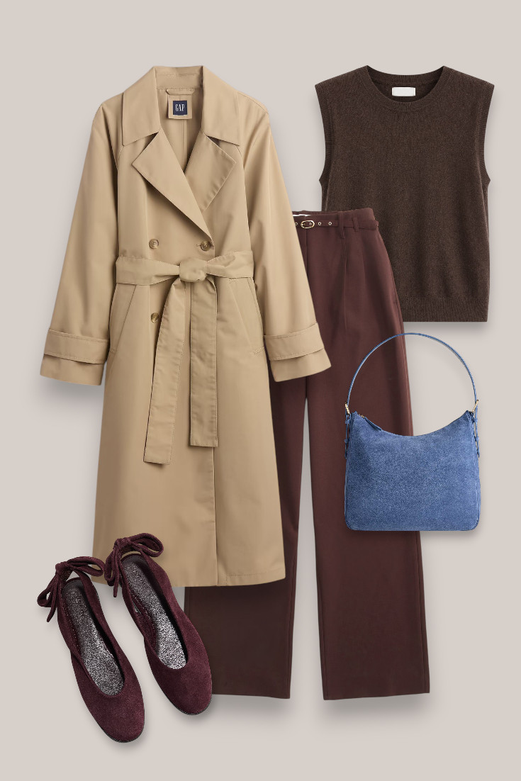 Chocolate brown is one of my favourite ways to make a classic trench feel more current. Love these wide-leg trousers with the brown knit, burgundy flats and unexpected blue bag. #brownoutfit #trenchcoatstyle #balletflats #fallfashion 

 #LTKautumn #LTKworkwear #LTKstyletip