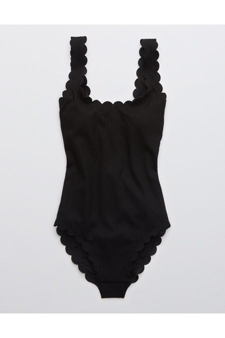 Aerie Waffle Scalloped One Piece Swimsuit Women's True Black XL | American Eagle Outfitters (US & CA)