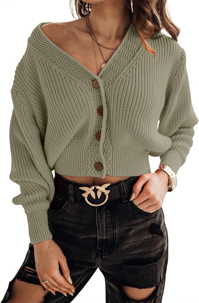 Febriajuce Women's Long Sleeve V-Neck Button Down Rib Knit Cropped Cardigan Sweater | Amazon (US)