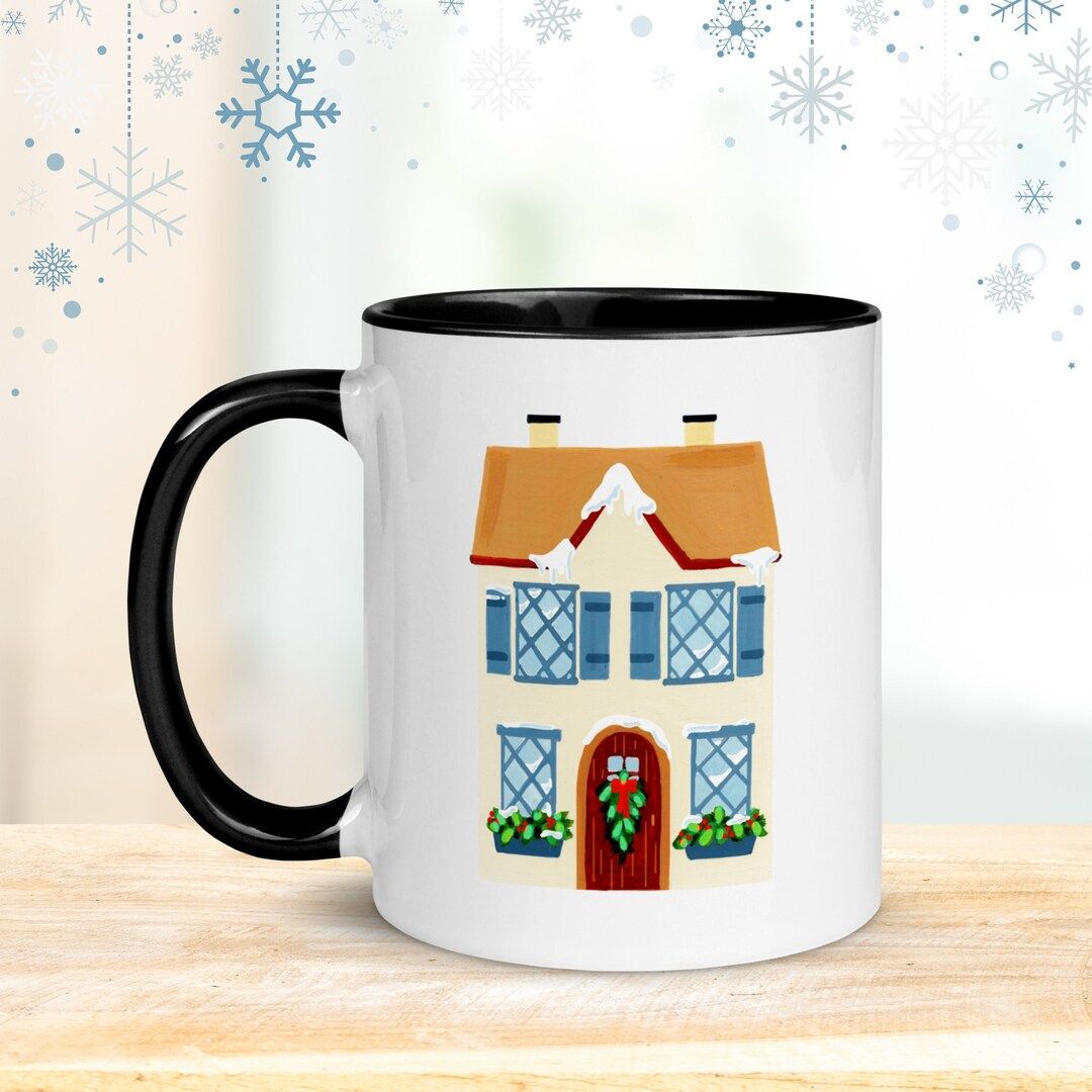 Christmas Village Mug Black  English Cottage  Christmas - Etsy Canada | Etsy (CAD)