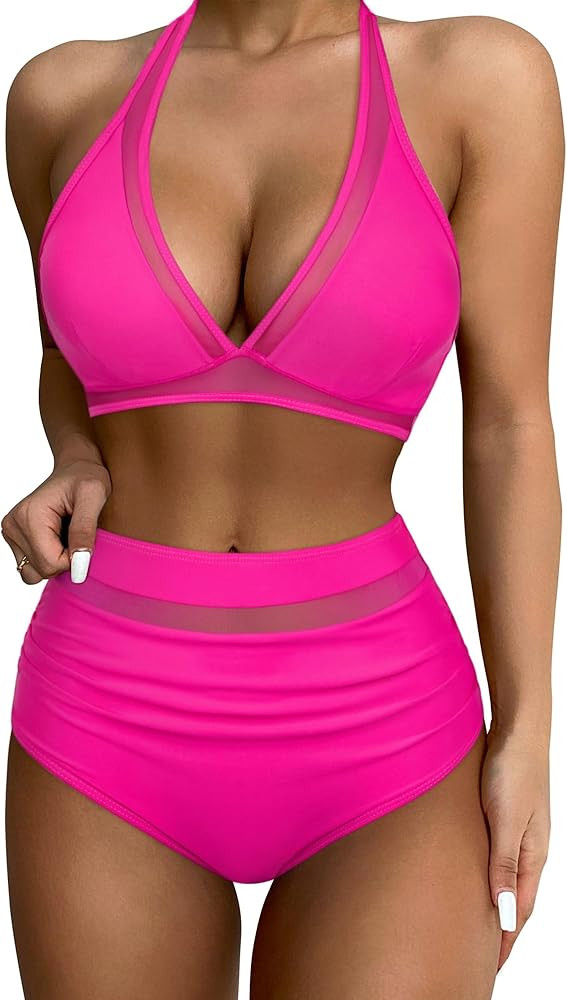 SUUKSESS Women Sexy High Waist Bikini Sets Mesh Tummy Control 2 Piece Swimsuits | Amazon (US)
