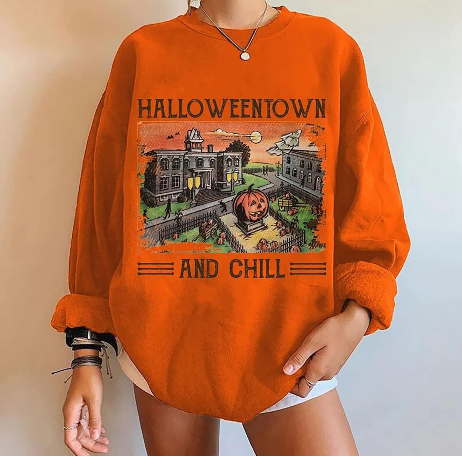 Amazon.com: Town Of Halloween And Chill Pumpkin Halloween Vintage School Crewneck Sweatshirt, Hap... | Amazon (US)