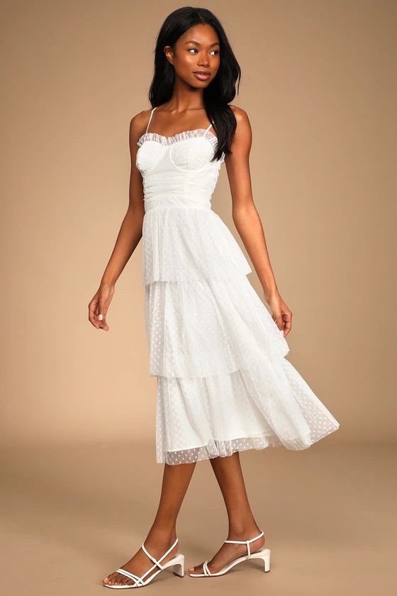 Sweetheart Style White Polka Dot Bustier Tiered Midi Dress | Lulus (US)