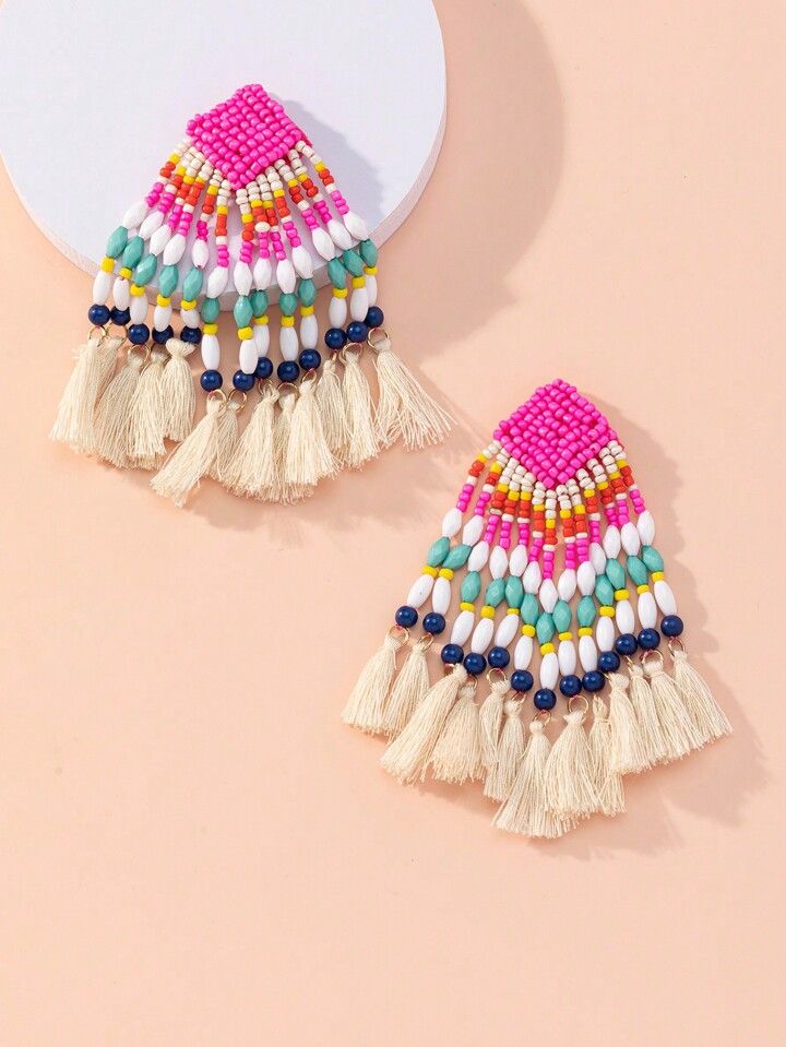 1pair Square Beaded Tassel Handmade Earrings With Bohemian Style For Women | SHEIN