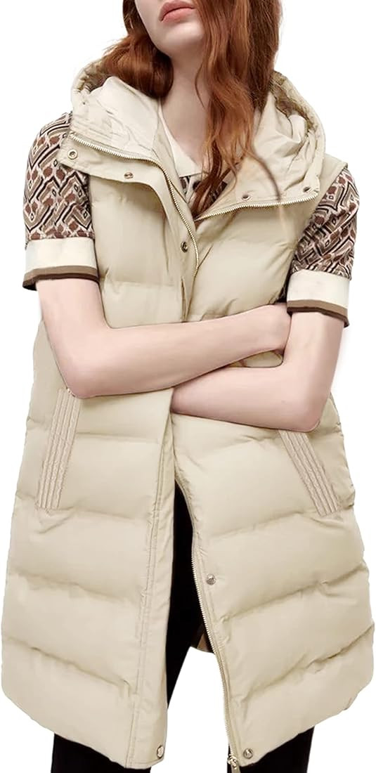 Tanming Women's Long Puffer Vest Casual Sleeveless Puffy Jacket with Removable Hood | Amazon (US)