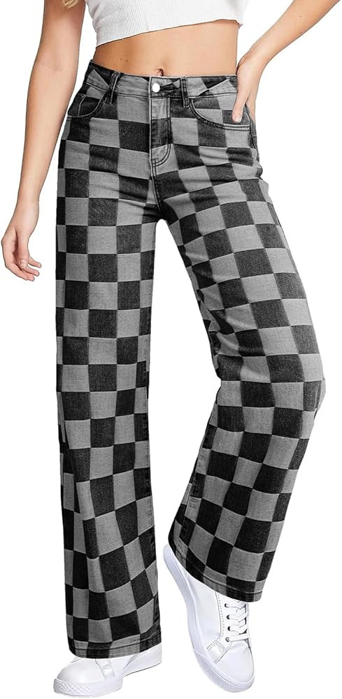 Sidefeel Women's Wide Leg Jeans High Waisted Stretchy Straight Leg Checkered Loose Denim Pants | Amazon (US)