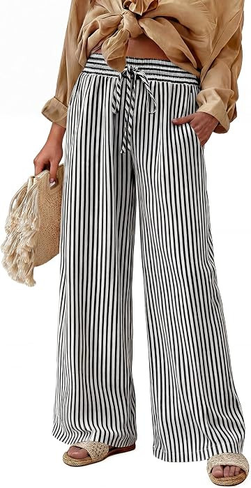 Womens Striped Wide Leg Palazzo Pants High Waisted Elastic Casual Pants | Amazon (US)