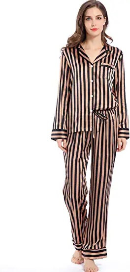 Serenedelicacy Women's Satin Pajama Set Long Sleeve Button Down Sleepwear 2-Piece Striped Silky P... | Amazon (US)