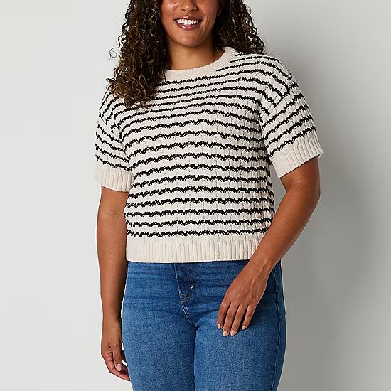 a.n.a Womens Crew Neck Short Sleeve Striped Pullover Sweater | JCPenney