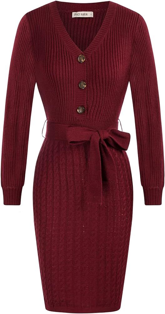 GRACE KARIN Women's Long Sleeve V Neck Pullover Wrap Sweater Dress Button Belt Knitted Bodycon Dr... | Amazon (US)