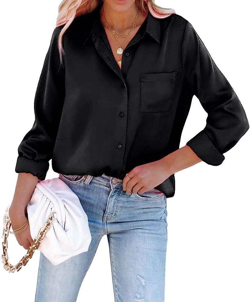 Pausus Satin Button Down Shirts for Women Long Sleeve Office Slim Fit Blouses Casual Business Sil... | Amazon (US)