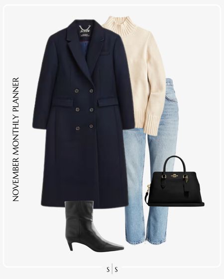Monthly outfit planner: NOVEMBER Fall and Winter looks | navy topcoat, ivory mock neck sweater, crop straight jean, ankle boot, handbag 

See the entire calendar on thesarahstories.com ✨ 

#LTKstyletip
