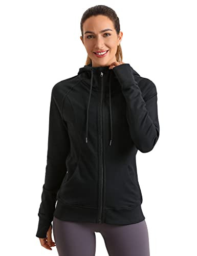CRZ YOGA Women's Full Zip Hooded Sweatshirts Workout Sweat Jackets Slim Fit Running Track Hoodies with Thumbholes Black X-Large | Amazon (US)