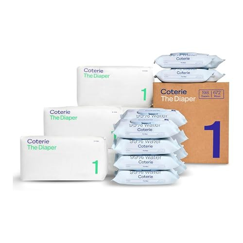 Coterie Baby Wipes + Diapers Kit, Size 1 Diapers (198 Count) & 12 Pack (672 Count) Baby Wipes with 99% Water, Plant Based Materials, Hypoallergenic for Sensitive Skin | Amazon (US)