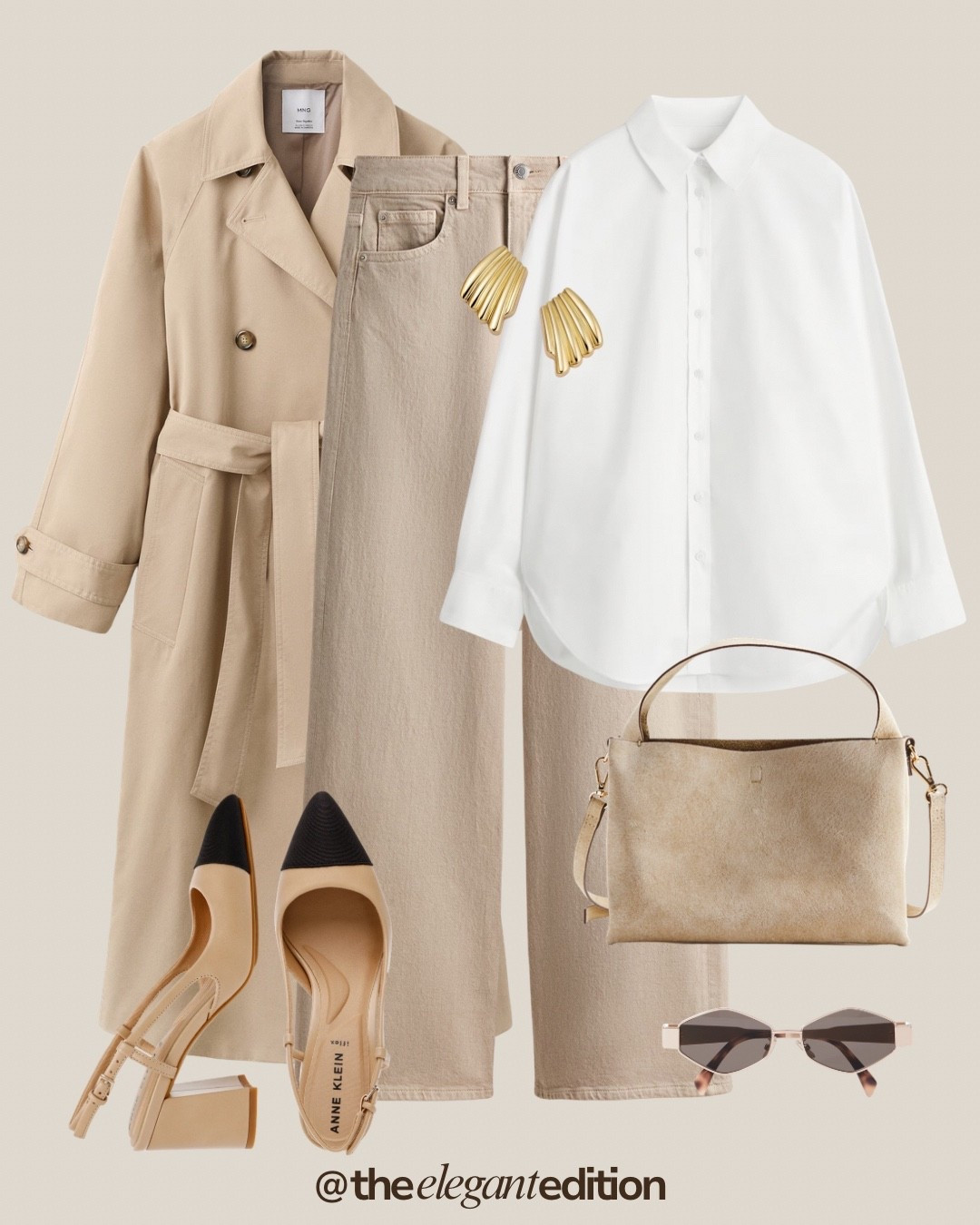 Beige Monochrome Spring Outfit 🤍🤎
Tags: beige denim straight leg cream trench coat belted oversized white shirt crisp oversized beige slingback heels pointed toe ankle strap beige suede handbag structured top handle sunglasses brown cat eye gold earrings fan shaped spring transitional casual chic monochrome elegant sophisticated neutral color palette
#LTKspring #LTKstyletip #LTKeurope

#LTKeurope #LTKstyletip #LTKspring