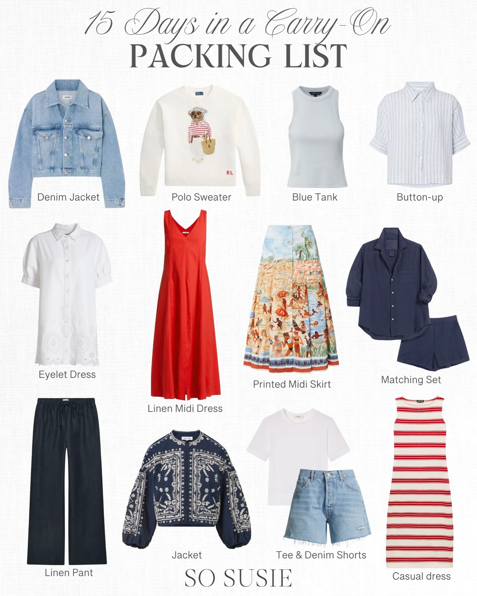 15 days in a carry on! This is the packing list you need! Use this as a foundation when packing for your next trip. These will make so many outfits ☀️❤️

#LTKTravel #LTKSeasonal #LTKOver40