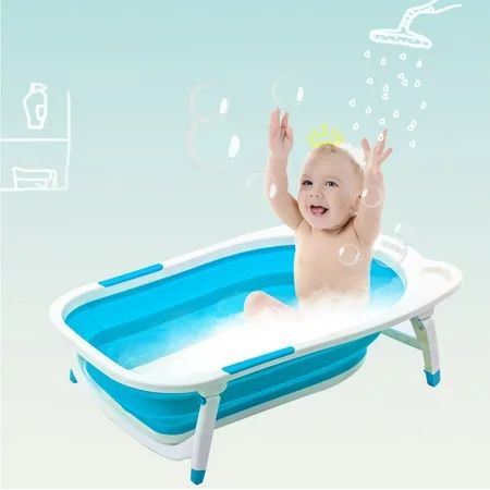 Gymax Blue Baby Folding Bathtub Infant Collapsible Portable Shower Basin w/ Block | Walmart (US)