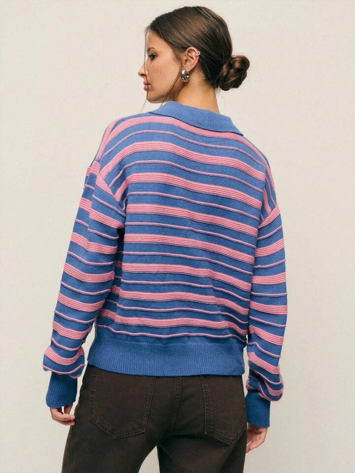 Nöista Striped Polo Sweater With Blue And Pink Stripes. Casual Yet Chic Women's Knit Pullover Fe... | SHEIN