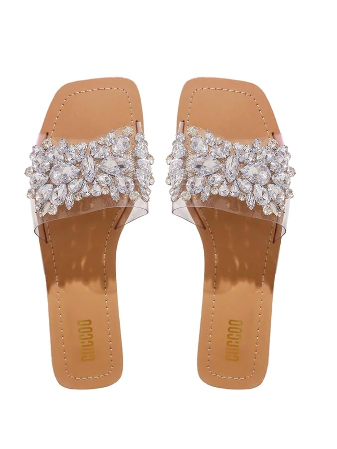 Verdusa Women's Rhinestone Clear Flat Sandals Square Toe Slides Sparkle Transparent Sandals | Amazon (US)