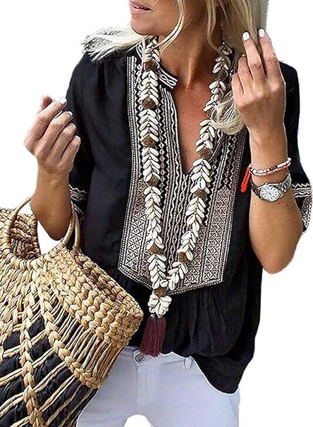 FARYSAYS Women's Casual Boho Embroidered V Neck Short Sleeve Shirts Loose Blouse Tops | Amazon (US)