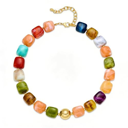 WOWORAMA Colorful Beaded Necklace for Women Trendy Colored Chunky Statement Necklaces Boho Large Square Resin Beads Choker Necklace Y2K Summer Jewelry | Amazon (US)