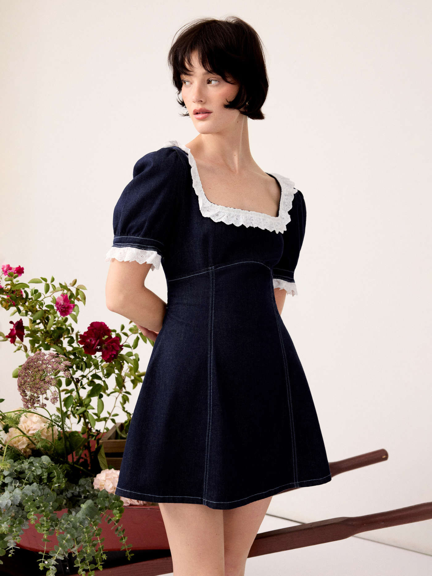 Denim Stretch Denim Square Neck Puff Sleeve Lace Trim A-line Mini Dress For Daily Casual Date Vac... | Cider