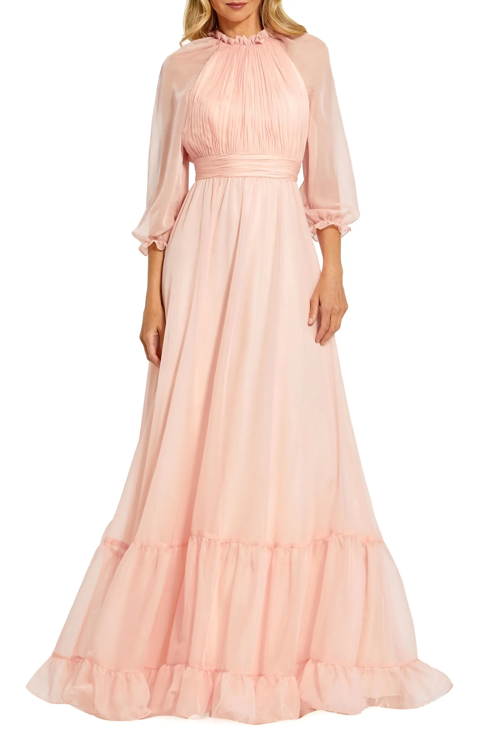 Mac Duggal Sheer Sleeve Gathered Chiffon A-Line Gown | Nordstrom | Nordstrom