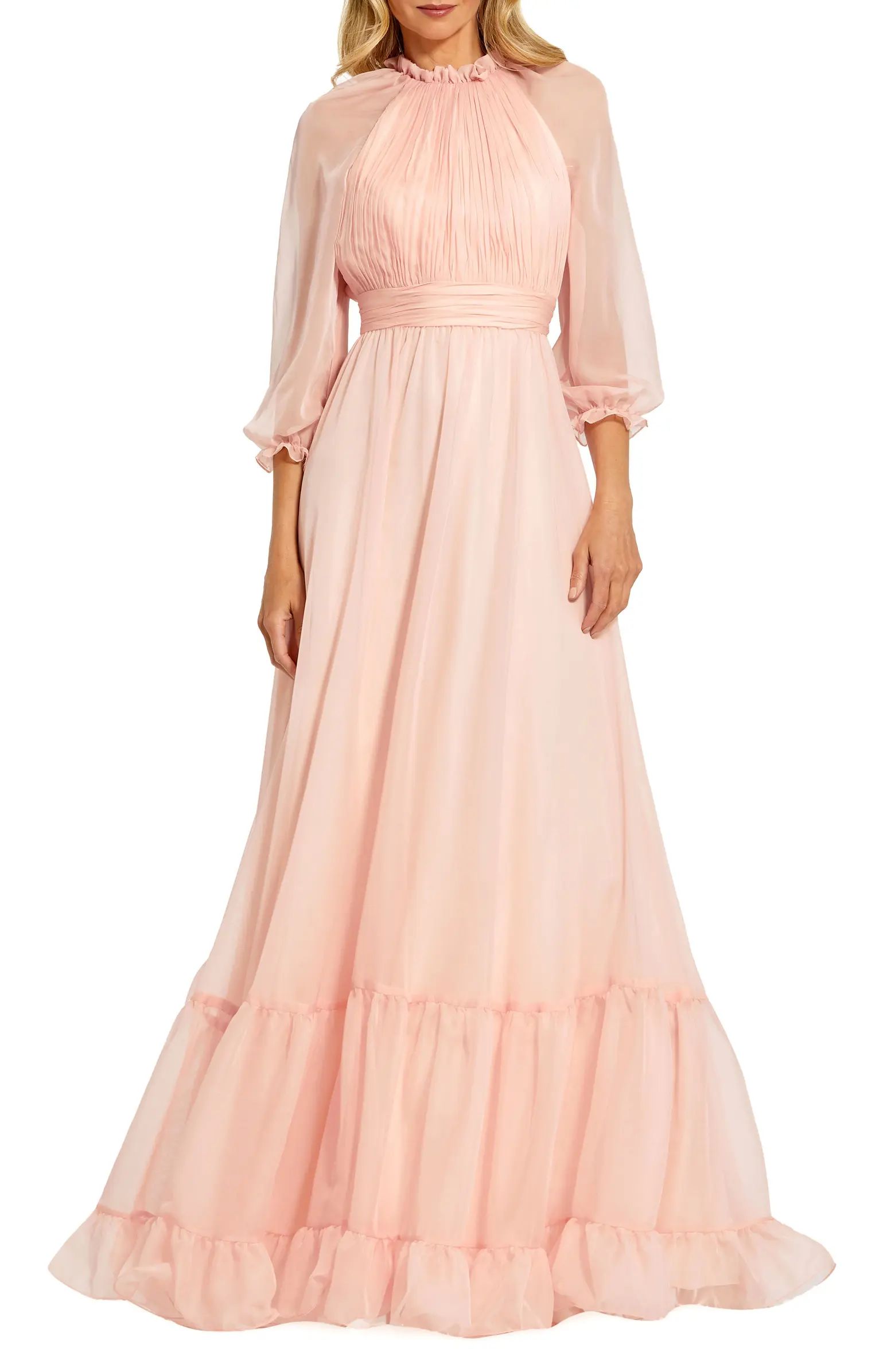 Mac Duggal Sheer Sleeve Gathered Chiffon A-Line Gown | Nordstrom | Nordstrom
