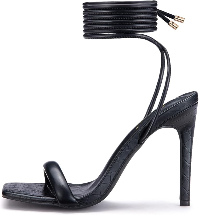 GENSHUO Strappy Lace up Stilletos High Heel Sandals Women Open Square toe Tie up Heels Sexy Weddi... | Amazon (US)