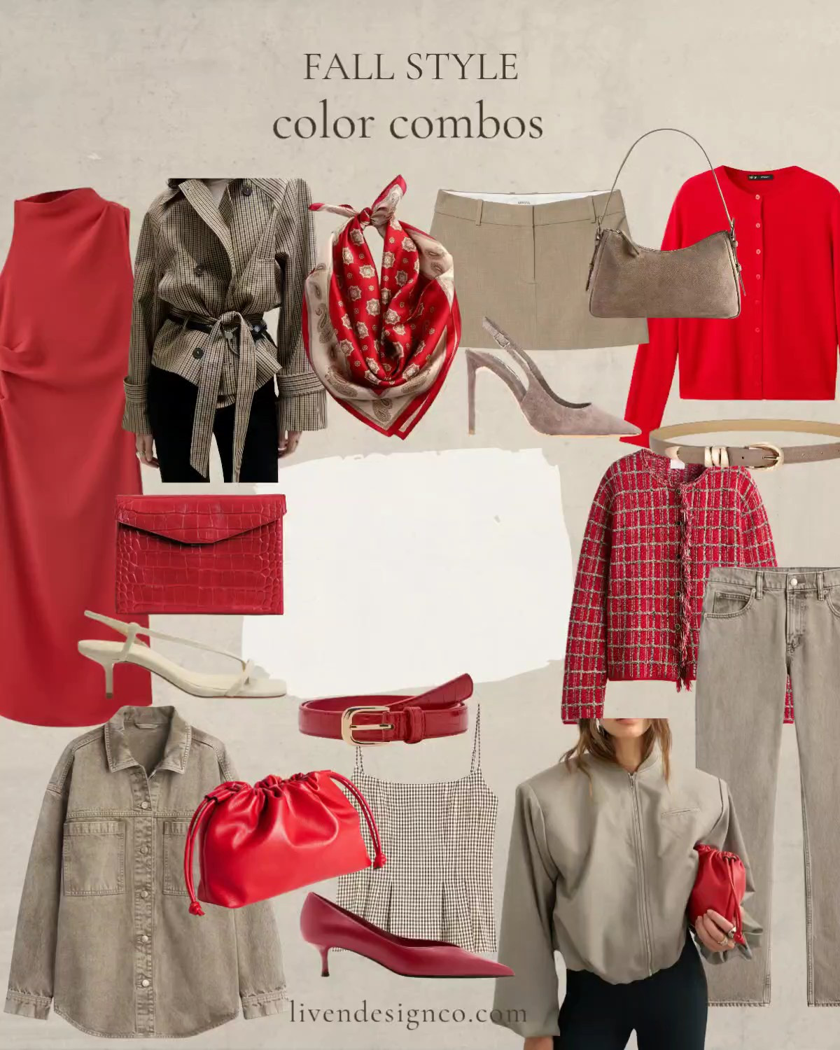 Fall fashion. Style inspiration. Womens fall outfits. Color combos. Red and stone. Neutral style. Red cardigan. Red scarf. Amazon scarf. Amazon fashion. Mango. Nordstrom. Cos. Aritzia. Red croc clutch. Suede bag. Straight denim. Gap. Skort. Denim shirt. Taupe. Taupe suede heels. Kitten heels. Cropped trench. Barrel jacket. Tweed jacket. Lady cardigan. 

 #LTKSaleAlert #LTKSeasonal