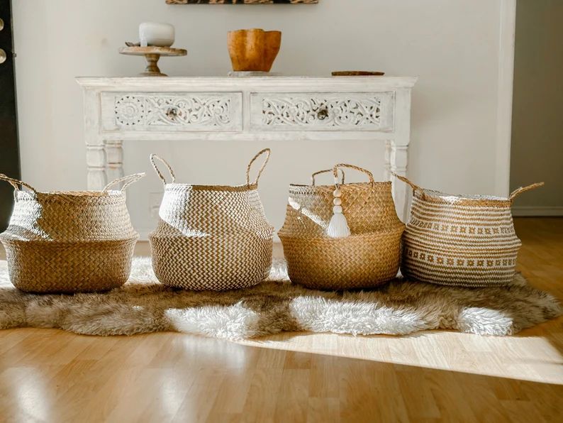 Seagrass Baskets Set of 4, Wicker Storage With Handles, Decorative Storage, Nursery Laundry Hampe... | Etsy (US)