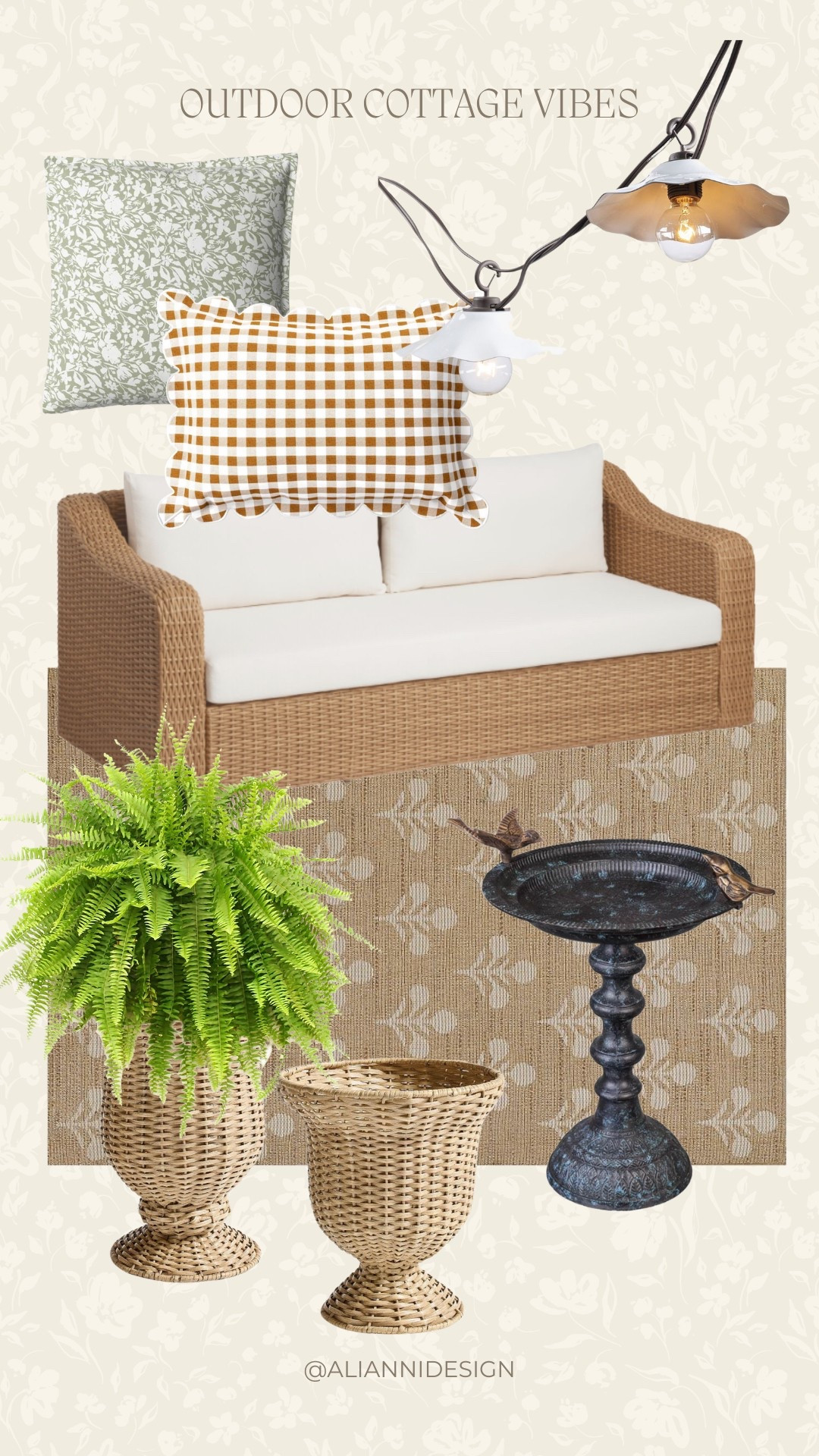 Cottage touches in your outdoor space! Wicker, plaid, floral, whimsical lighting, and a bird bath! 

#LTKHome #LTKSaleAlert #LTKSeasonal