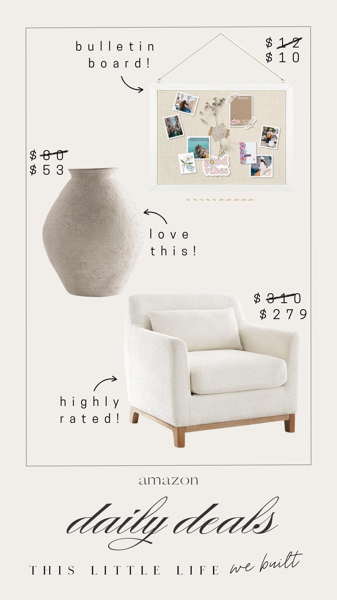 Amazon daily deals! 


Accent chair, vase, bulletin board, Amazon home, affordable home 

#LTKHome #LTKSaleAlert #LTKU
