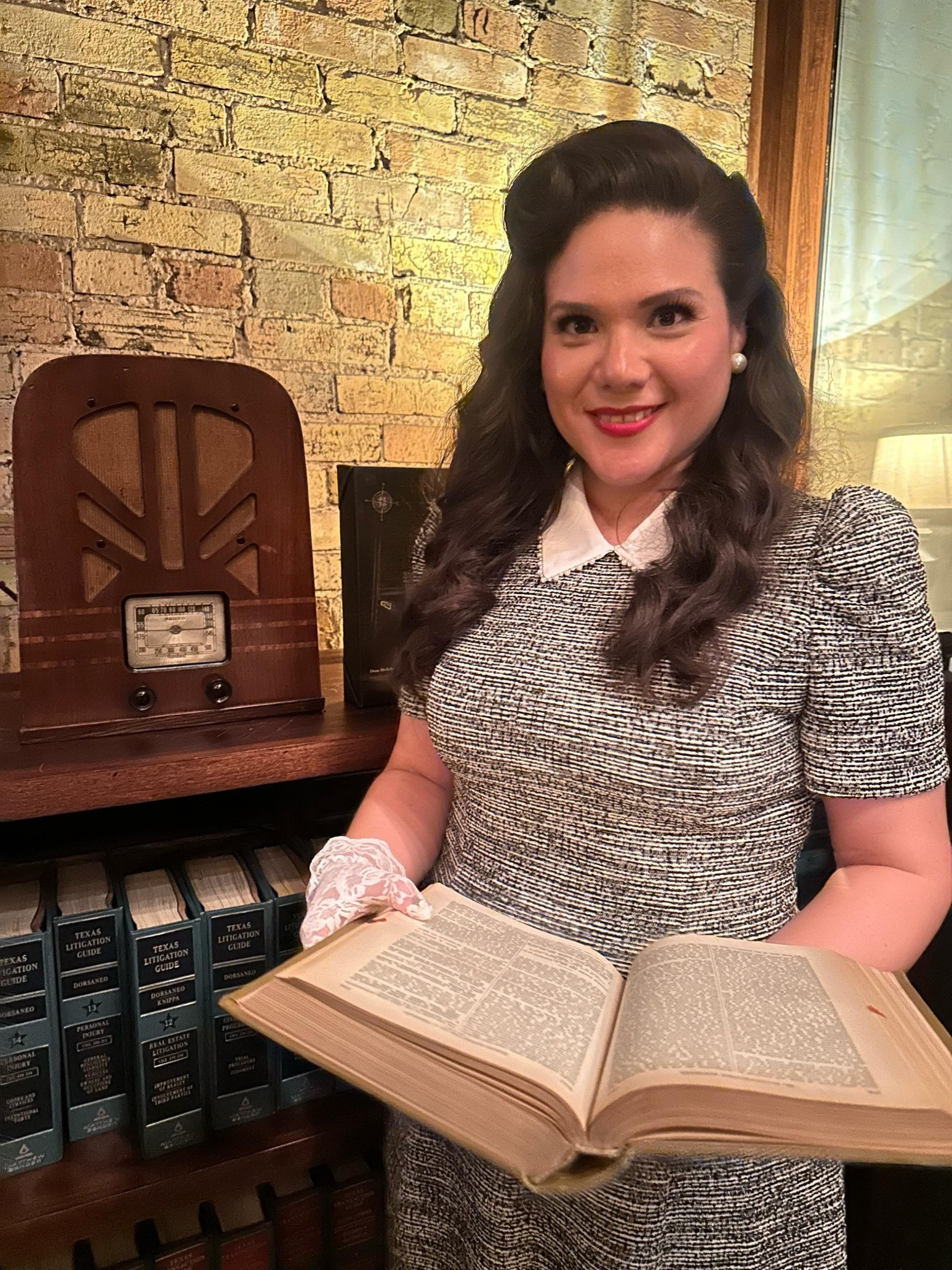 Black and white tweed Peter Pan collar dress 
A line
1940s look
True to size
Macys
White lace gloves 
Amazon

#LTKSeasonal #LTKHoliday #LTKootd